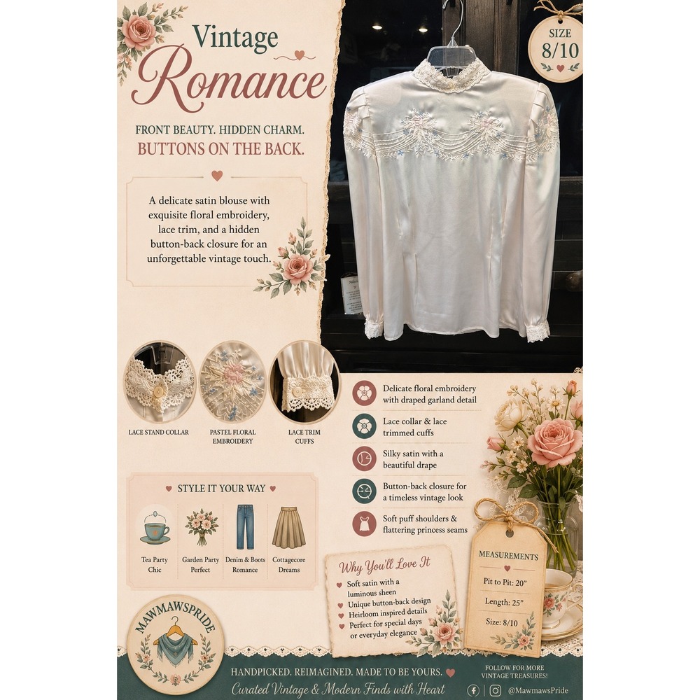 Whispered Garden Romance – Vintage Nilani Satin Embroidered Button-Back Blouse